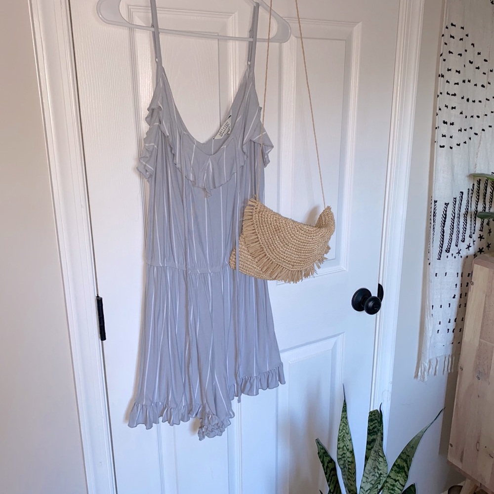 AE Soft & Sexy Baby Blue Striped Ruffle Romper